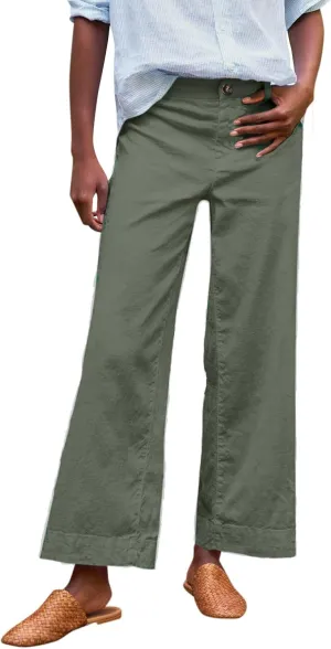 Wide Leg Linen Pants for Women High Waisted Cropped Capri Pants Summer Business Casual Trousers with Pockets