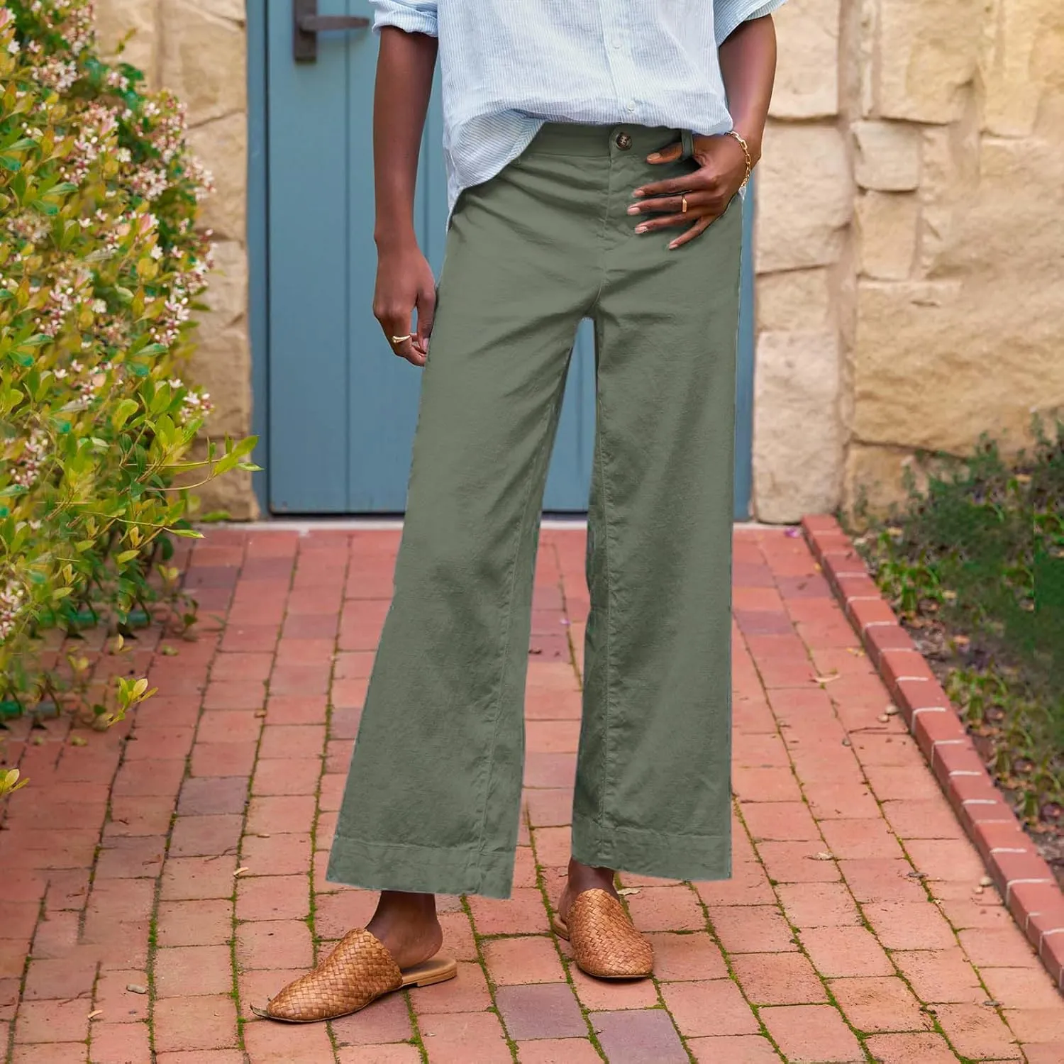 Wide Leg Linen Pants for Women High Waisted Cropped Capri Pants Summer Business Casual Trousers with Pockets