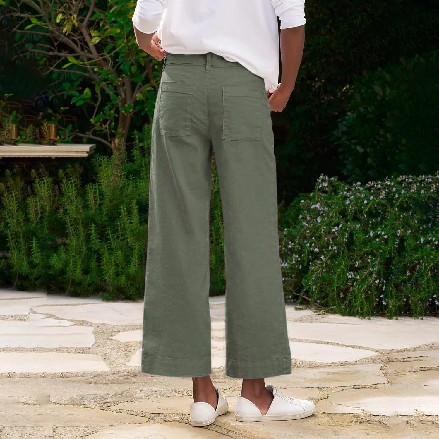 Wide Leg Linen Pants for Women High Waisted Cropped Capri Pants Summer Business Casual Trousers with Pockets