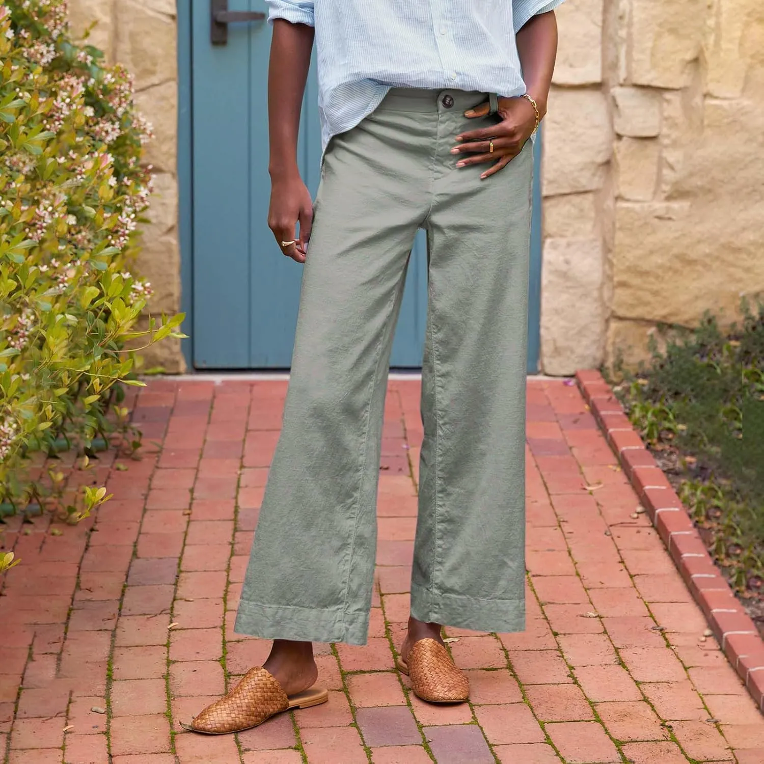 Wide Leg Linen Pants for Women High Waisted Cropped Capri Pants Summer Business Casual Trousers with Pockets