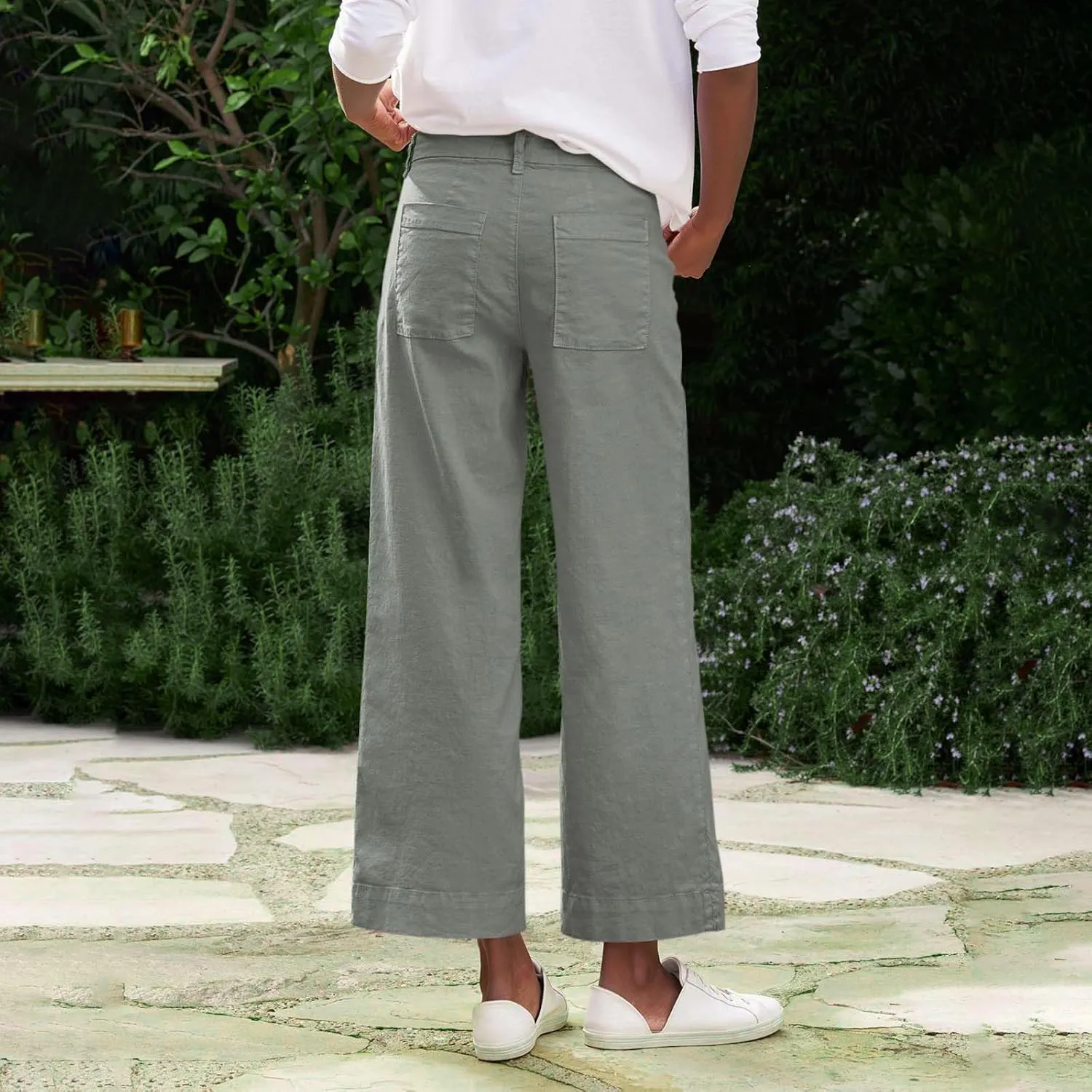 Wide Leg Linen Pants for Women High Waisted Cropped Capri Pants Summer Business Casual Trousers with Pockets