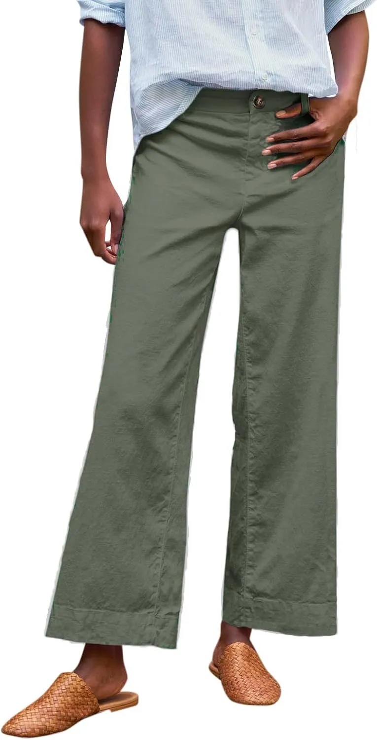 Wide Leg Linen Pants for Women High Waisted Cropped Capri Pants Summer Business Casual Trousers with Pockets