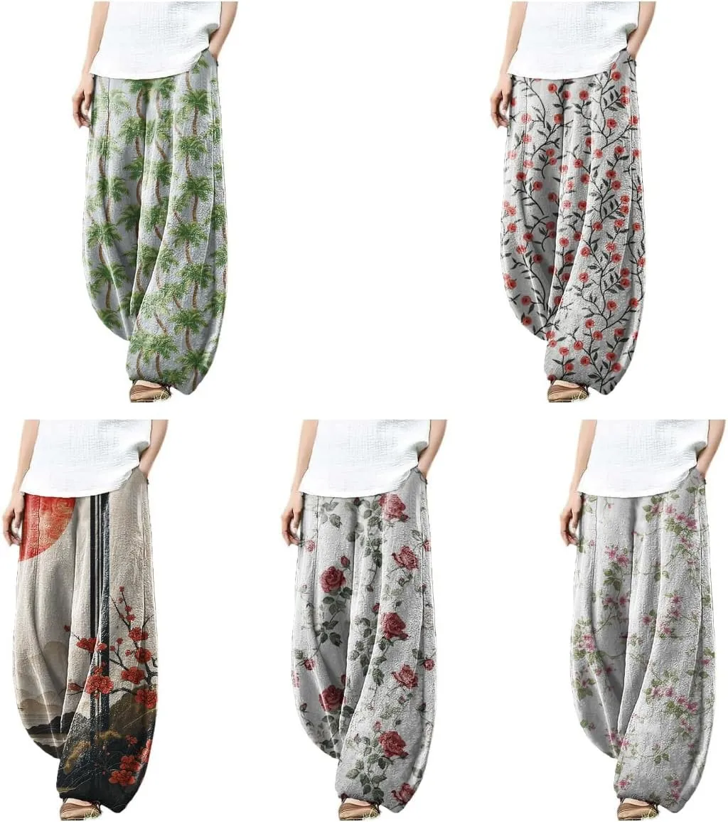 Wide Leg Linen Pants for Women Summer Baggy Pants Casual Lightweight Printed Pants for Women Lantern Trouser