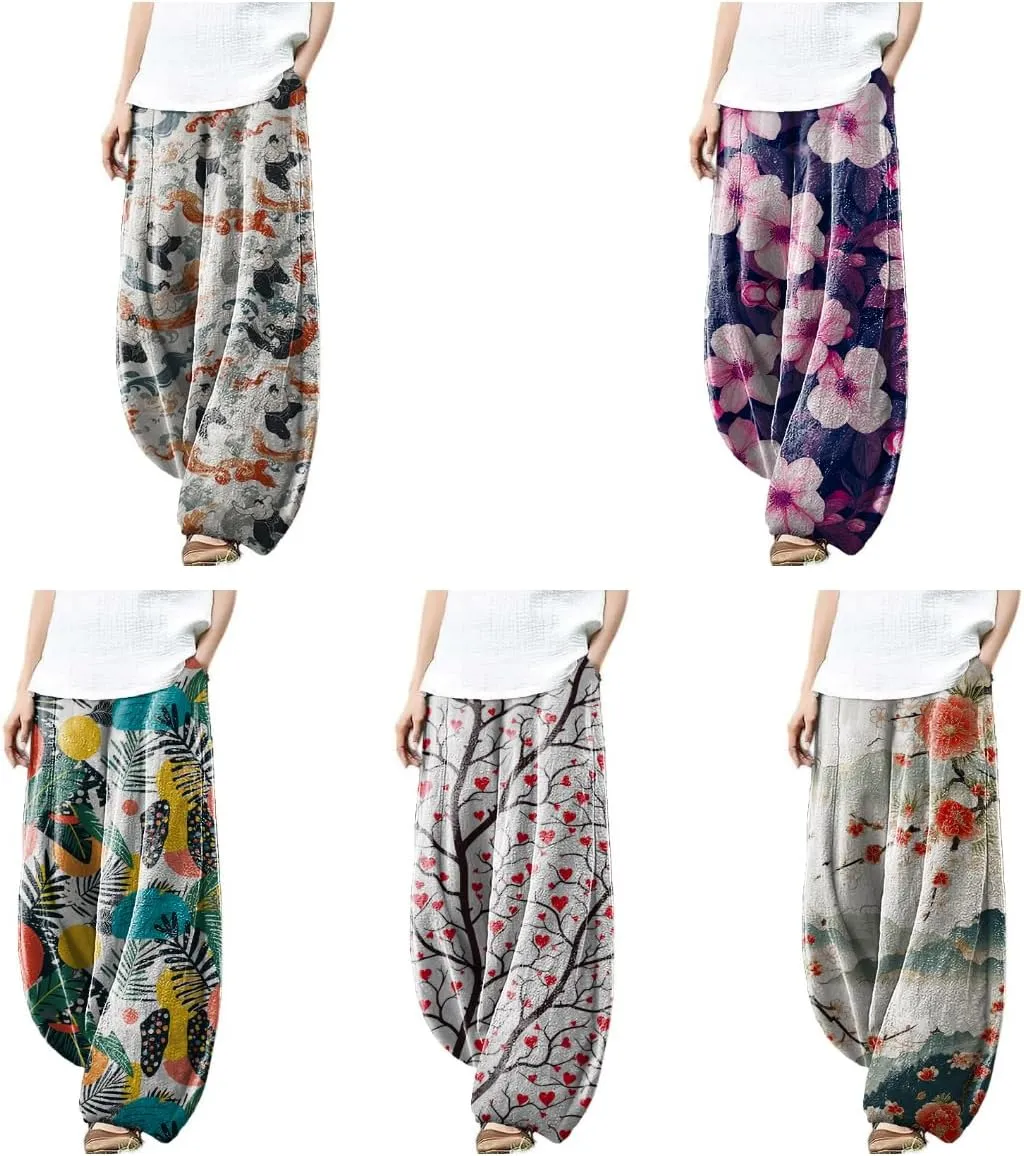 Wide Leg Linen Pants for Women Summer Baggy Pants Casual Lightweight Printed Pants for Women Lantern Trouser