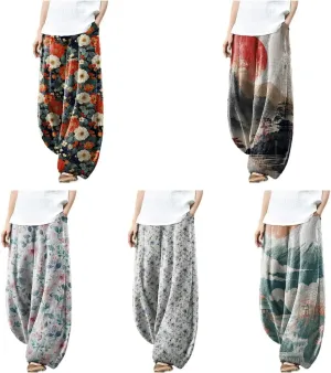 Wide Leg Linen Pants for Women Summer Baggy Pants Casual Lightweight Printed Pants for Women Lantern Trouser