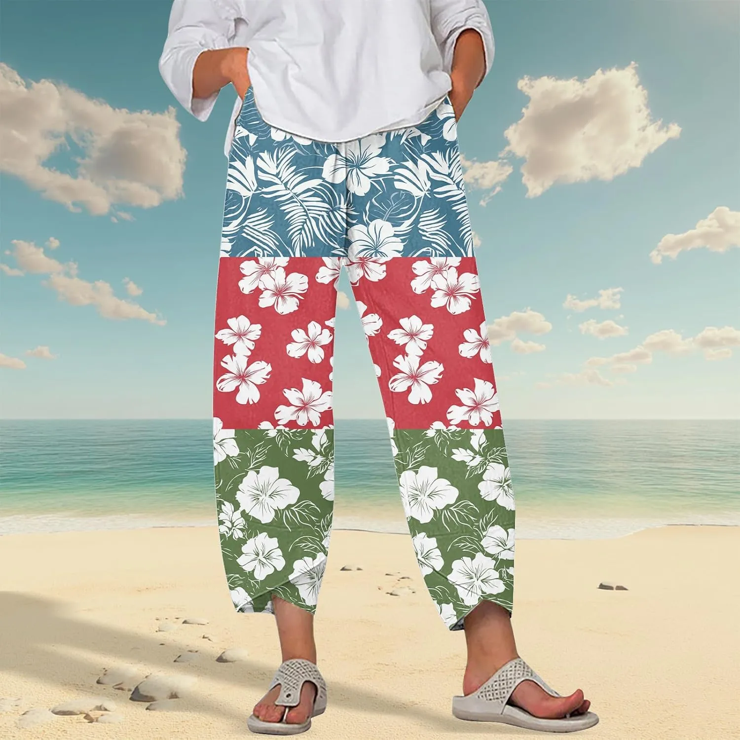 Wide Leg Linen Pants for Women Summer Casual Capri Pants Baggy Petite Palazzo Pants Lightweight Beach Trousers