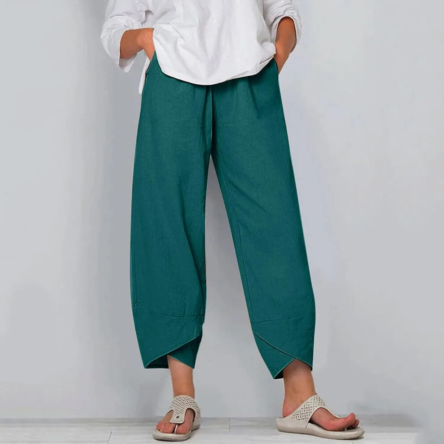 Wide Leg Linen Pants for Women Summer Casual Capri Pants Baggy Petite Palazzo Pants Lightweight Beach Trousers