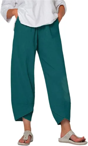Wide Leg Linen Pants for Women Summer Casual Capri Pants Baggy Petite Palazzo Pants Lightweight Beach Trousers