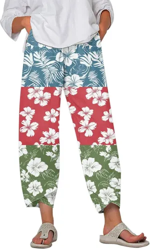 Wide Leg Linen Pants for Women Summer Casual Capri Pants Baggy Petite Palazzo Pants Lightweight Beach Trousers