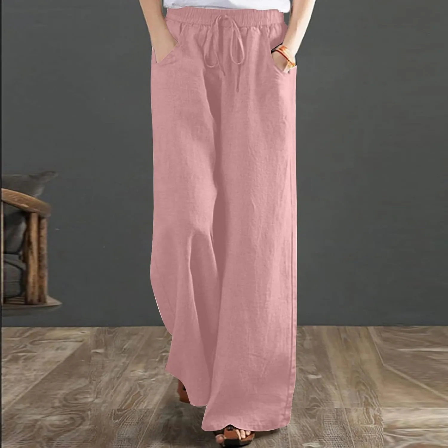Wide Leg Pants for Women High Waist Elastic Drawstring Belt Pockets Straight Leg Trousers Solid Cotton Linen Pants