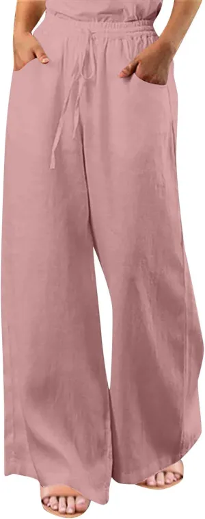 Wide Leg Pants for Women High Waist Elastic Drawstring Belt Pockets Straight Leg Trousers Solid Cotton Linen Pants