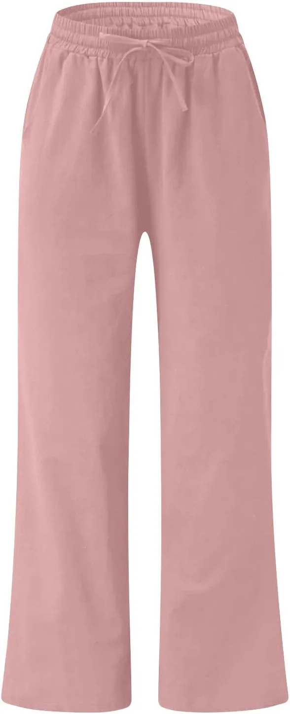 Wide Leg Pants for Women High Waist Elastic Drawstring Belt Pockets Straight Leg Trousers Solid Cotton Linen Pants