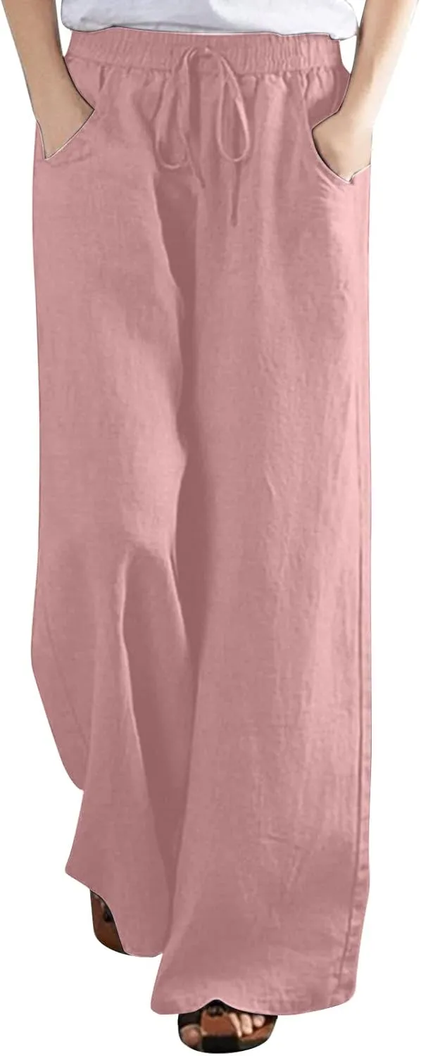 Wide Leg Pants for Women High Waist Elastic Drawstring Belt Pockets Straight Leg Trousers Solid Cotton Linen Pants