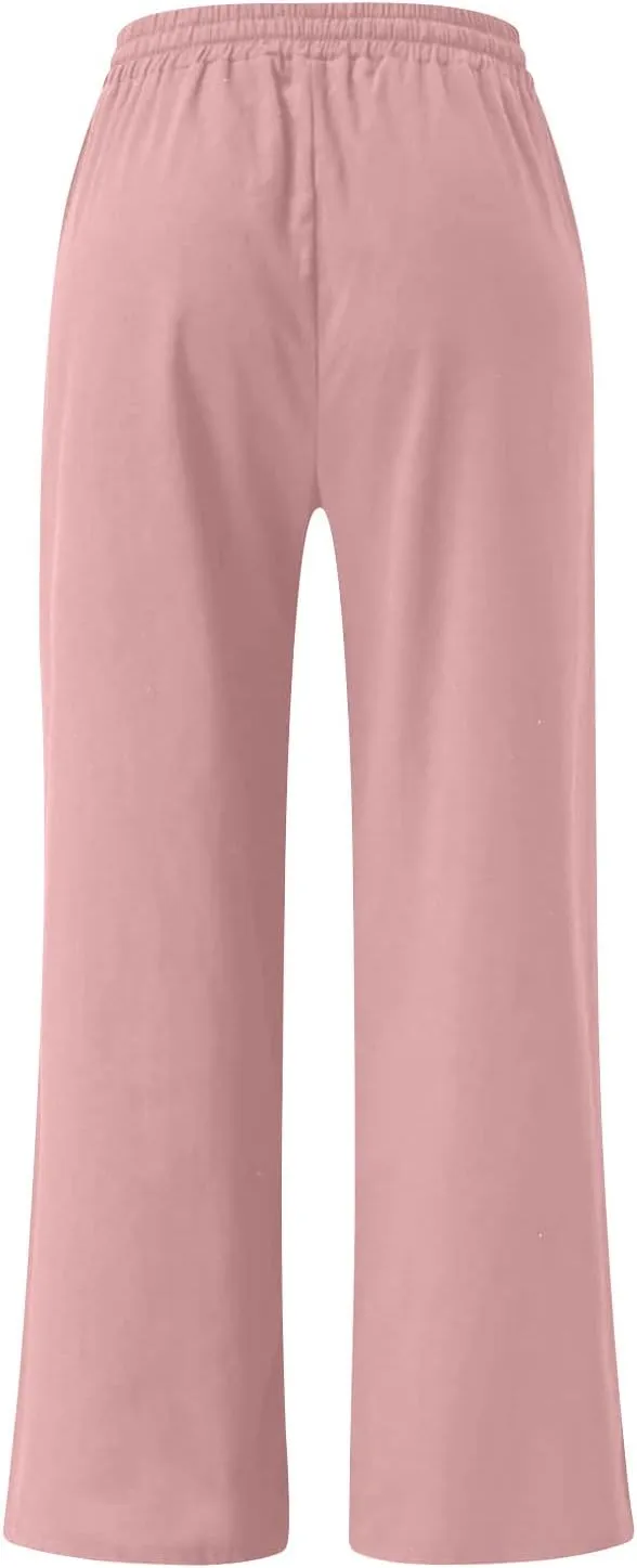 Wide Leg Pants for Women High Waist Elastic Drawstring Belt Pockets Straight Leg Trousers Solid Cotton Linen Pants