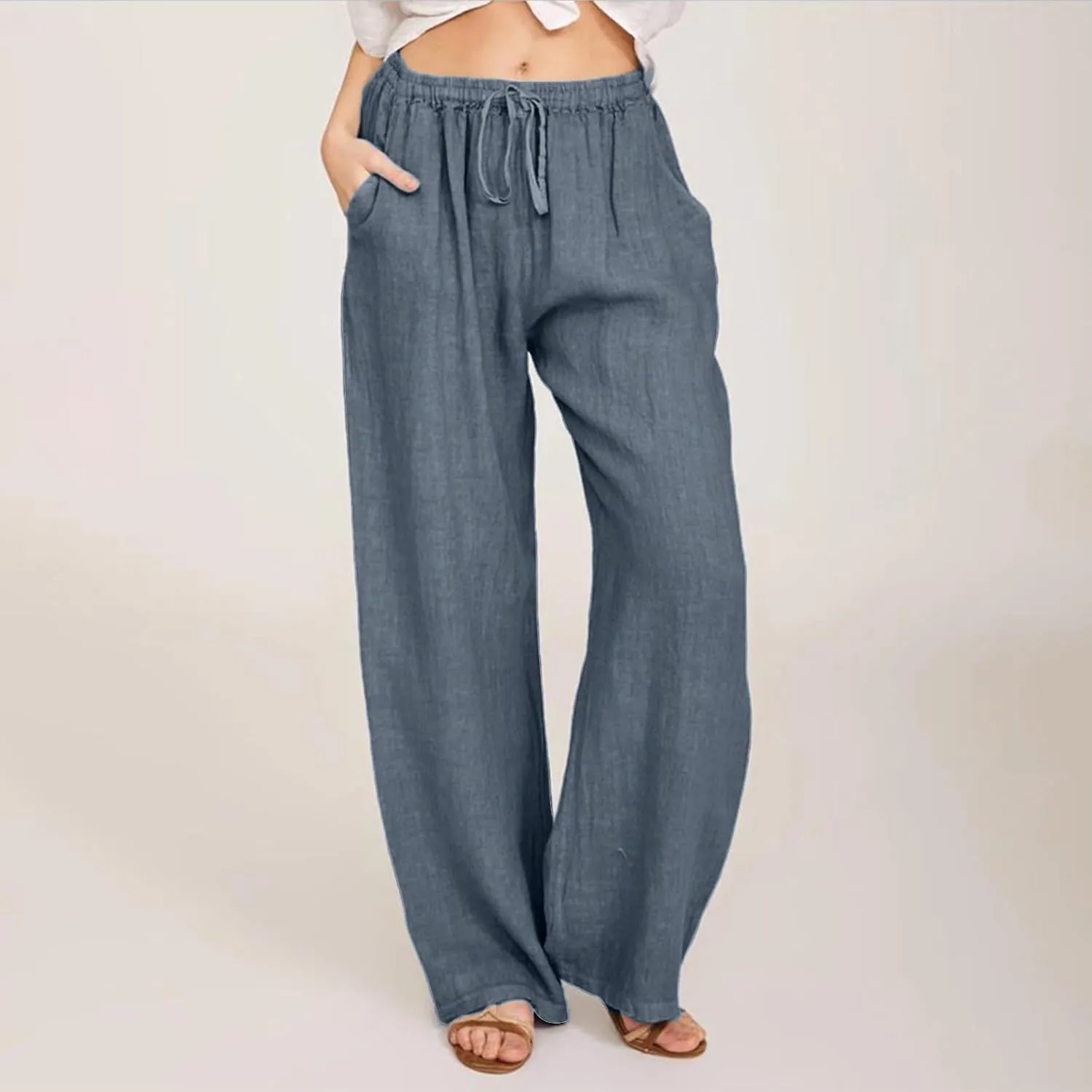 Wide Leg Trousers Women Linen Feel Casual Lightweight Summer Drawstring Elastic Waist Comfy Palazzo Pants with Pockets
