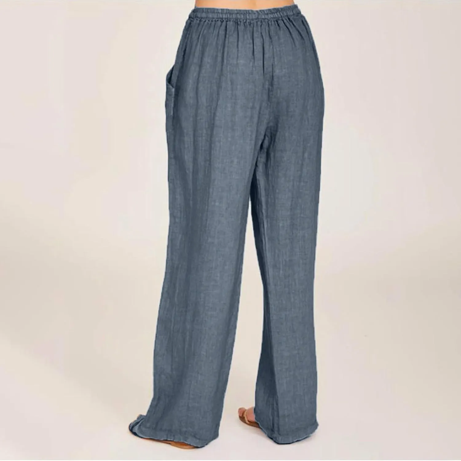 Wide Leg Trousers Women Linen Feel Casual Lightweight Summer Drawstring Elastic Waist Comfy Palazzo Pants with Pockets