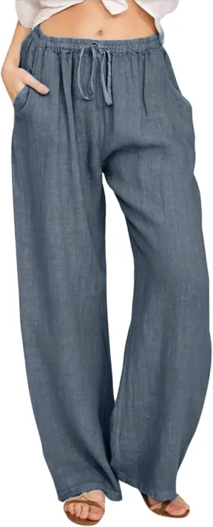Wide Leg Trousers Women Linen Feel Casual Lightweight Summer Drawstring Elastic Waist Comfy Palazzo Pants with Pockets