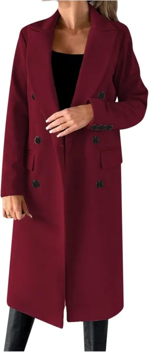 Winter Coats for Women Wool Blend Trench Coat Casual Notch Lapel Double-Breasted Mid Peacoat Overcoats