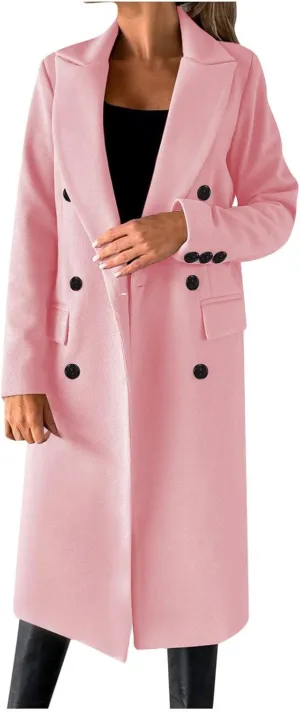 Winter Coats for Women Wool Blend Trench Coat Casual Notch Lapel Double-Breasted Mid Peacoat Overcoats