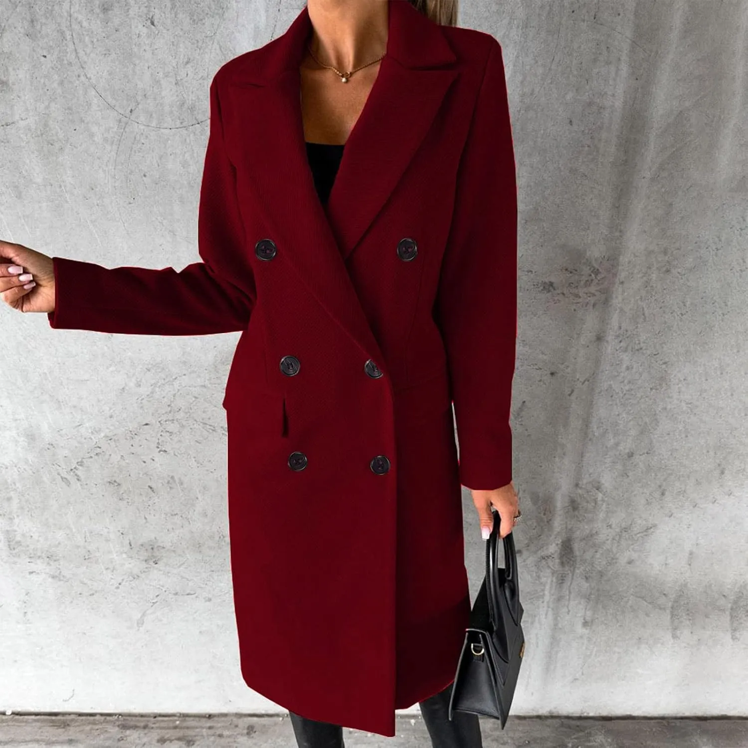 Winter Coats for Women Wool Blend Trench Coat Casual Notch Lapel Double-Breasted Mid Peacoat Overcoats