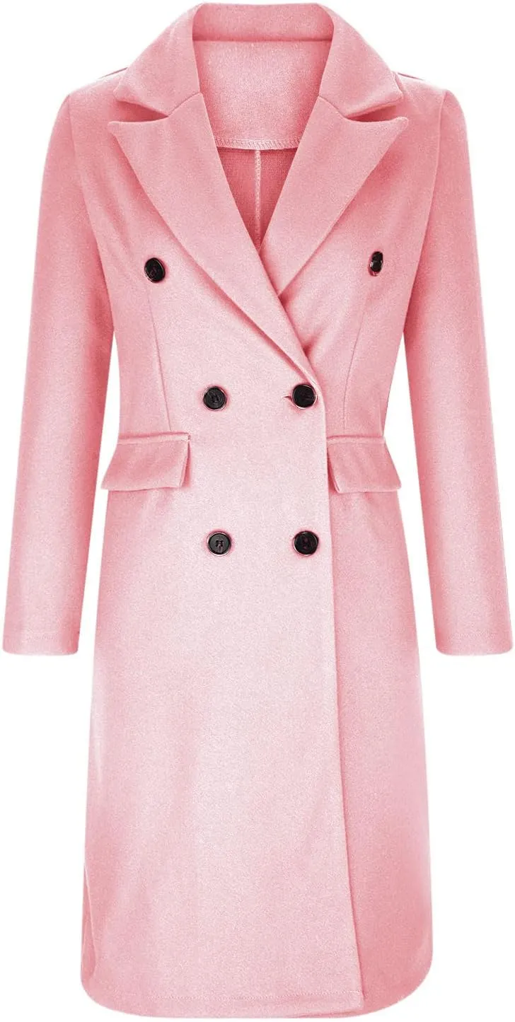 Winter Coats for Women Wool Blend Trench Coat Casual Notch Lapel Double-Breasted Mid Peacoat Overcoats