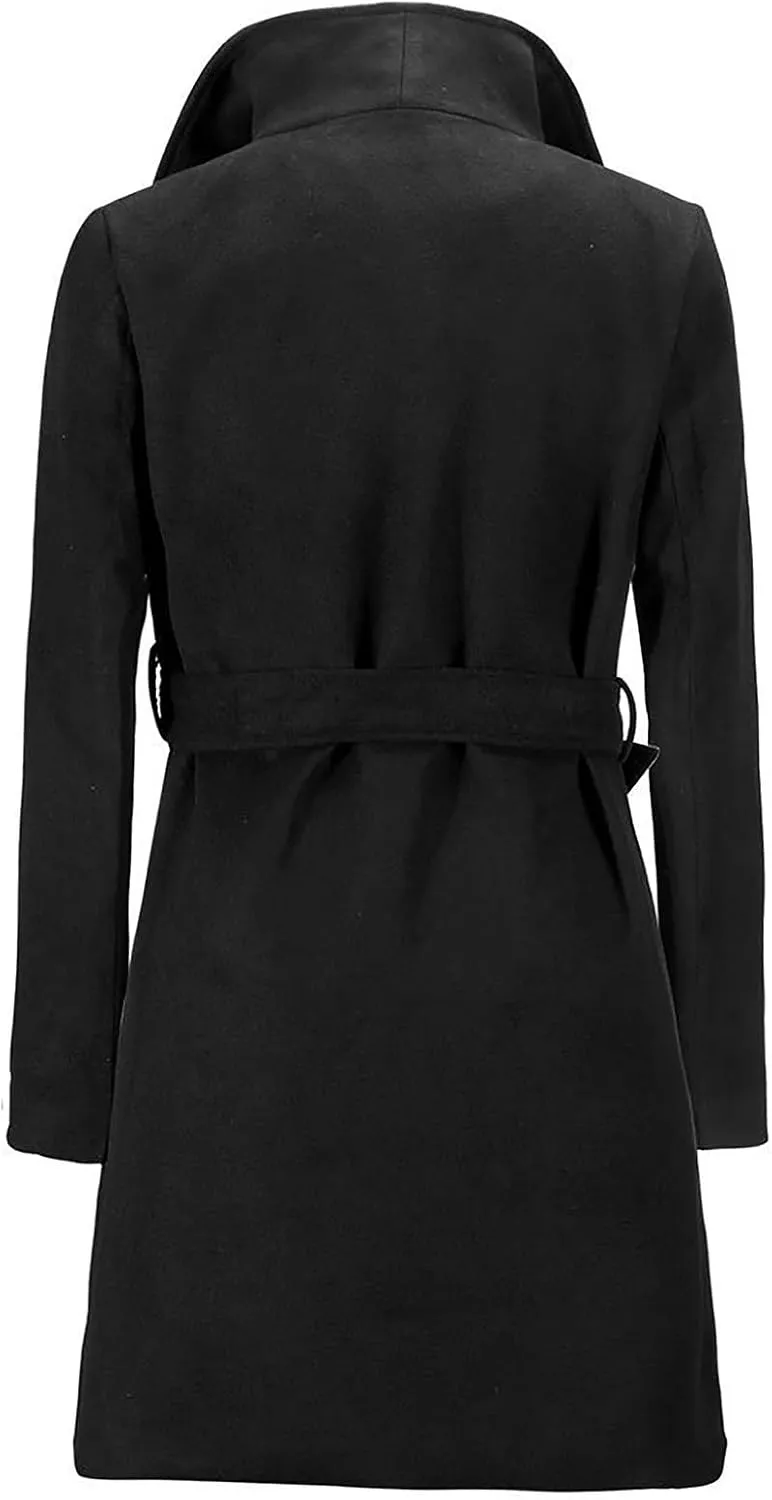 Winter Coats for Women Wool Blend Warm Soft Pea Coat 2024 Casual Notch Lapel Mid-Long Trench Coat Overcoat With Belt