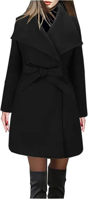 Winter Coats for Women Wool Blend Warm Soft Pea Coat 2024 Casual Notch Lapel Mid-Long Trench Coat Overcoat With Belt