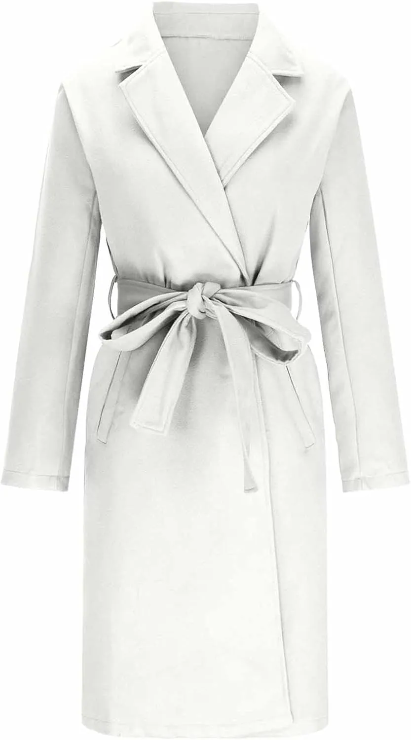 Winter Pea Coats for Women 2024 Casual Notch Lapel Office Jackets Mid Long Length Belted Trench Coat Wool Coat