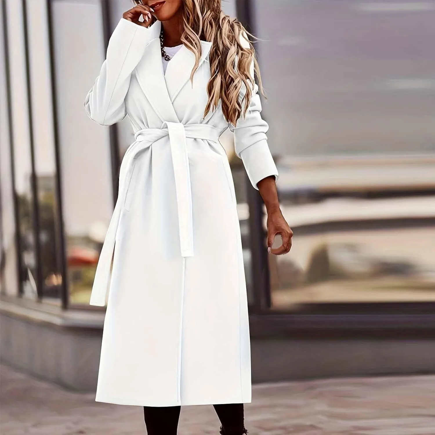 Winter Pea Coats for Women 2024 Casual Notch Lapel Office Jackets Mid Long Length Belted Trench Coat Wool Coat