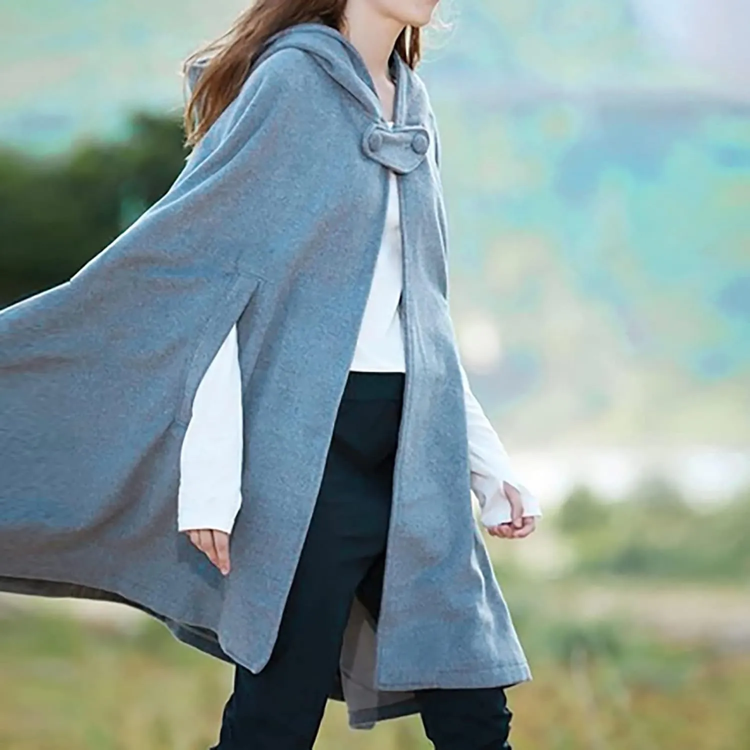 Winter Thick Cloak with Hood Women Wool Blend Cape Coat Poncho Batwing Cardigans Plus Size Coat Solid Classic Jackets