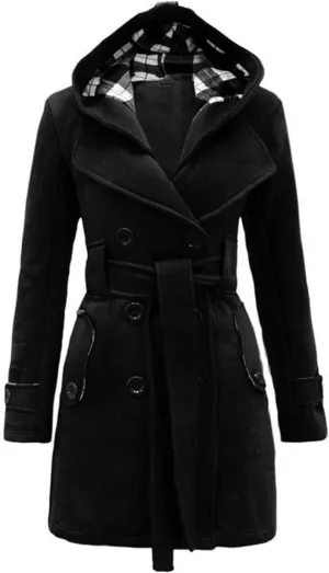 Winter Trench Coats for Women Hooded Long Double Breasted Pea Coat Wool Blend Warm Soft Overcoat Outwear with Pocket