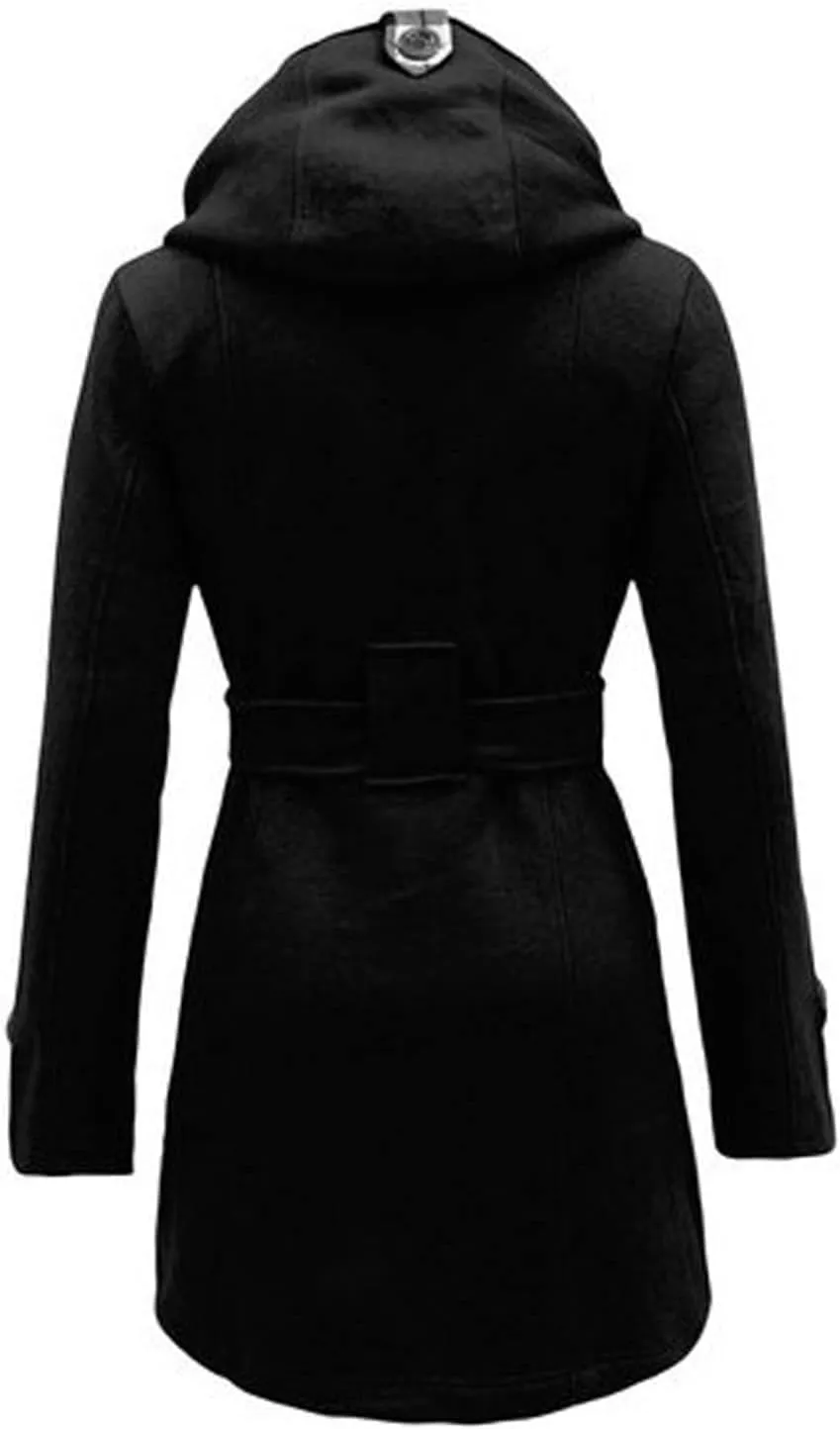 Winter Trench Coats for Women Hooded Long Double Breasted Pea Coat Wool Blend Warm Soft Overcoat Outwear with Pocket