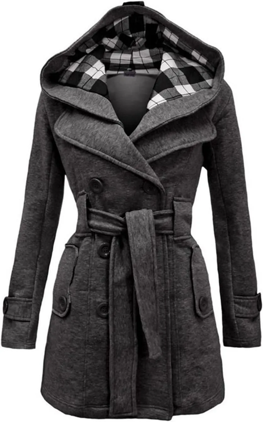 Winter Trench Coats for Women Hooded Long Double Breasted Pea Coat Wool Blend Warm Soft Overcoat Outwear with Pocket