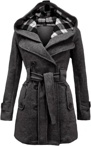 Winter Trench Coats for Women Hooded Long Double Breasted Pea Coat Wool Blend Warm Soft Overcoat Outwear with Pocket