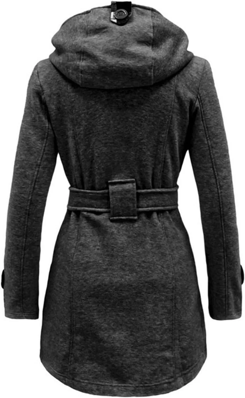 Winter Trench Coats for Women Hooded Long Double Breasted Pea Coat Wool Blend Warm Soft Overcoat Outwear with Pocket