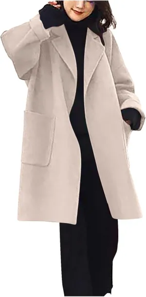 Winter Wool Coat for Women Notch Lapel Collar Open Front Pea Coat Loose Warm Mid-Long Trench Coats Overcoat