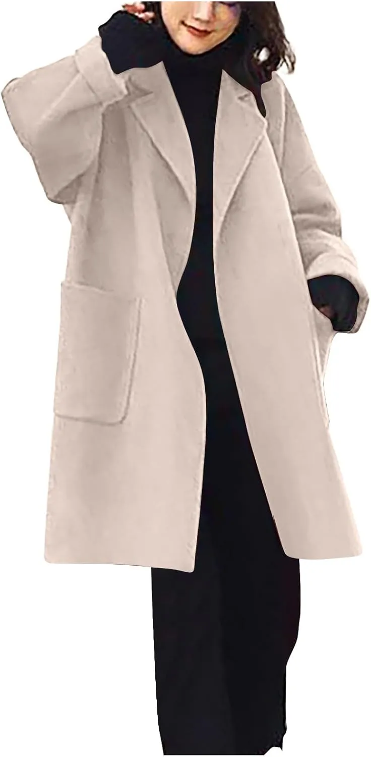 Winter Wool Coat for Women Notch Lapel Collar Open Front Pea Coat Loose Warm Mid-Long Trench Coats Overcoat