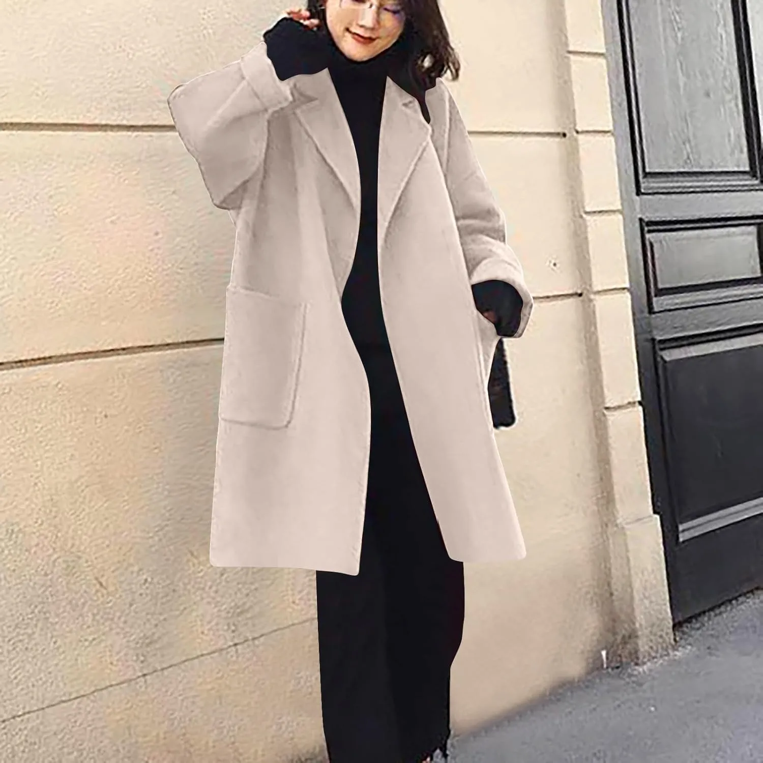 Winter Wool Coat for Women Notch Lapel Collar Open Front Pea Coat Loose Warm Mid-Long Trench Coats Overcoat