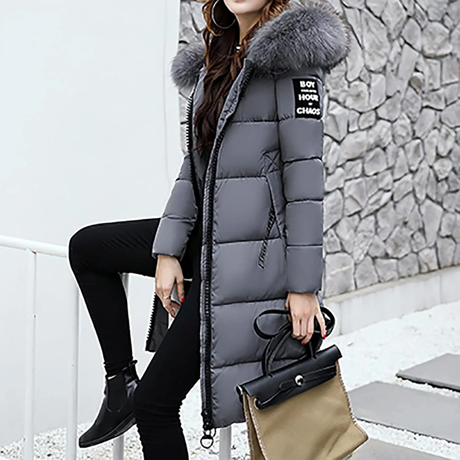 Wkishenl Long Puffer Coat Women Winter Coats Thickened Maxi Parka Jacket Full Zip Knee Length Quilted Outerwear with Hood