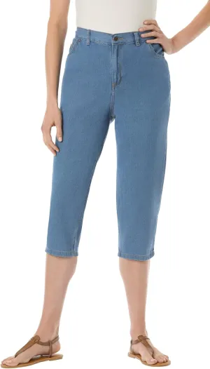 Woman Within Plus Size Perfect 5-Pocket Back-Elastic Denim Capri
