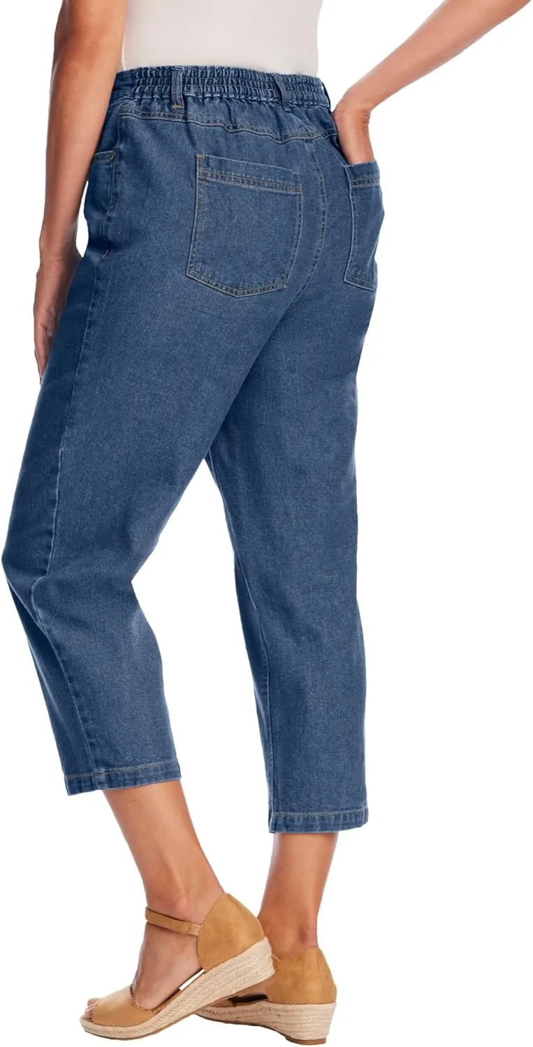 Woman Within Plus Size Perfect 5-Pocket Back-Elastic Denim Capri