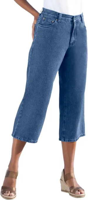 Woman Within Plus Size Perfect 5-Pocket Back-Elastic Denim Capri