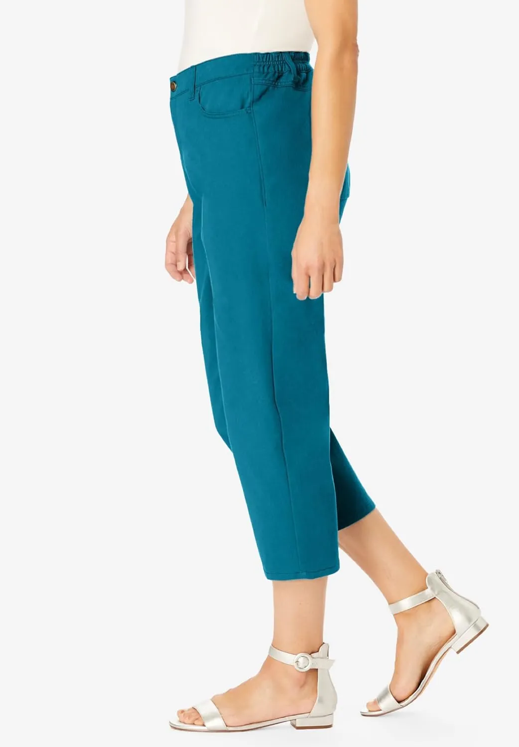Woman Within Plus Size Perfect 5-Pocket Back-Elastic Denim Capri