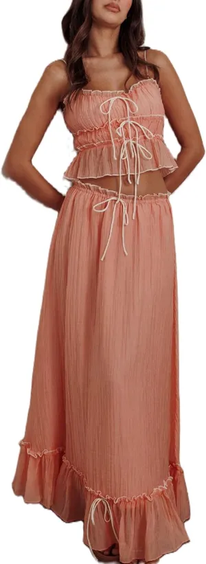 Women 2 Piece Maxi Skirt Set Spaghetti Straps Backless Cropped Cami Top Ruffle Long Skirt Beach Cocktail Outfits