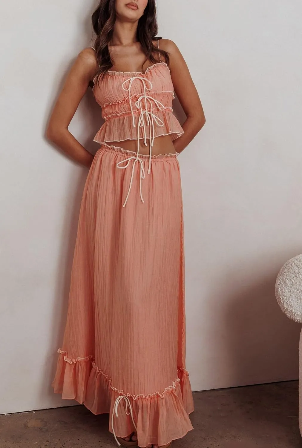 Women 2 Piece Maxi Skirt Set Spaghetti Straps Backless Cropped Cami Top Ruffle Long Skirt Beach Cocktail Outfits