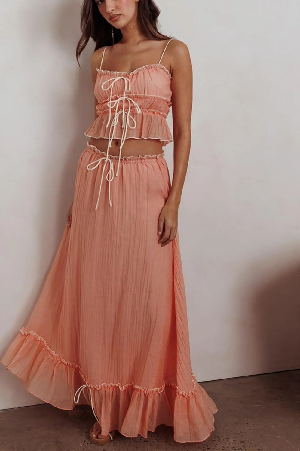 Women 2 Piece Maxi Skirt Set Spaghetti Straps Backless Cropped Cami Top Ruffle Long Skirt Beach Cocktail Outfits