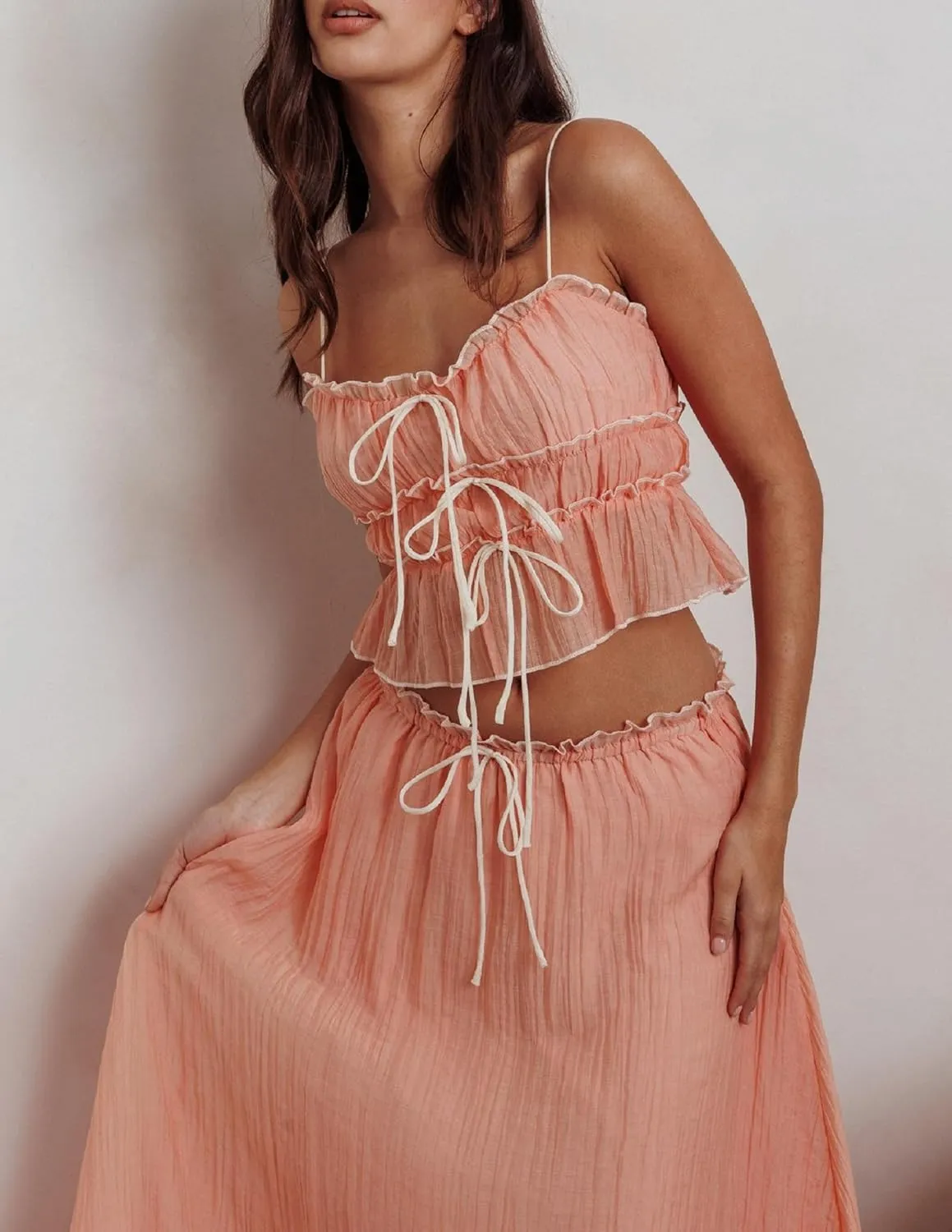 Women 2 Piece Maxi Skirt Set Spaghetti Straps Backless Cropped Cami Top Ruffle Long Skirt Beach Cocktail Outfits