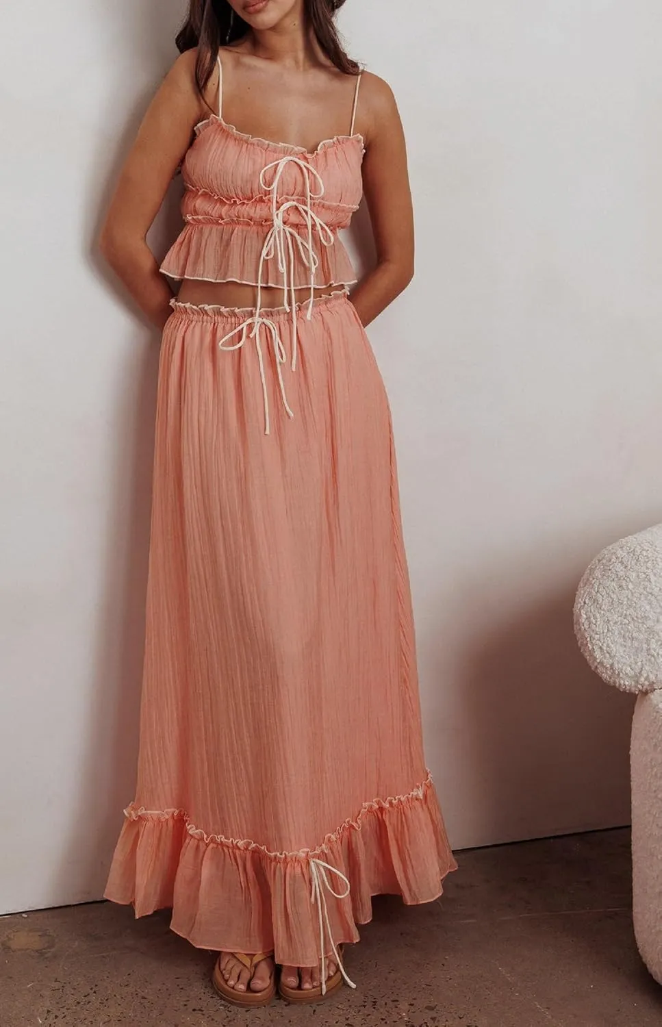 Women 2 Piece Maxi Skirt Set Spaghetti Straps Backless Cropped Cami Top Ruffle Long Skirt Beach Cocktail Outfits