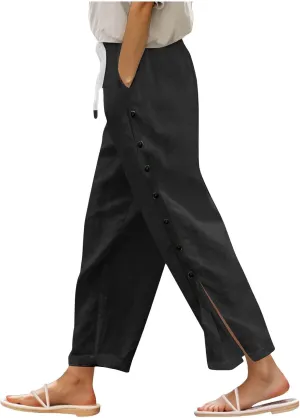 Women Beach Pants Linen Capri Pants Summer Casual Trousers Ladies Pinstripe Pant Drawstring Elastic Waist Pant