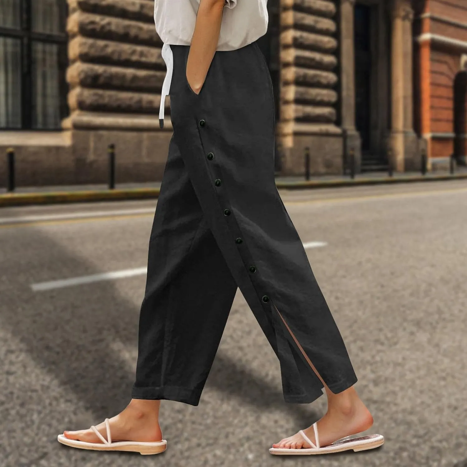 Women Beach Pants Linen Capri Pants Summer Casual Trousers Ladies Pinstripe Pant Drawstring Elastic Waist Pant